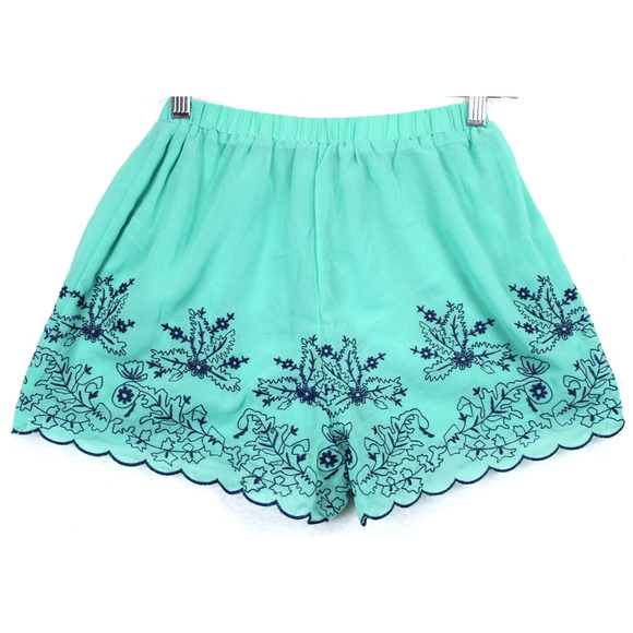 TCEC Pants - TCEC Shorts Embroidered Blue Floral Mint Green Lined Pull On Women S Beachy